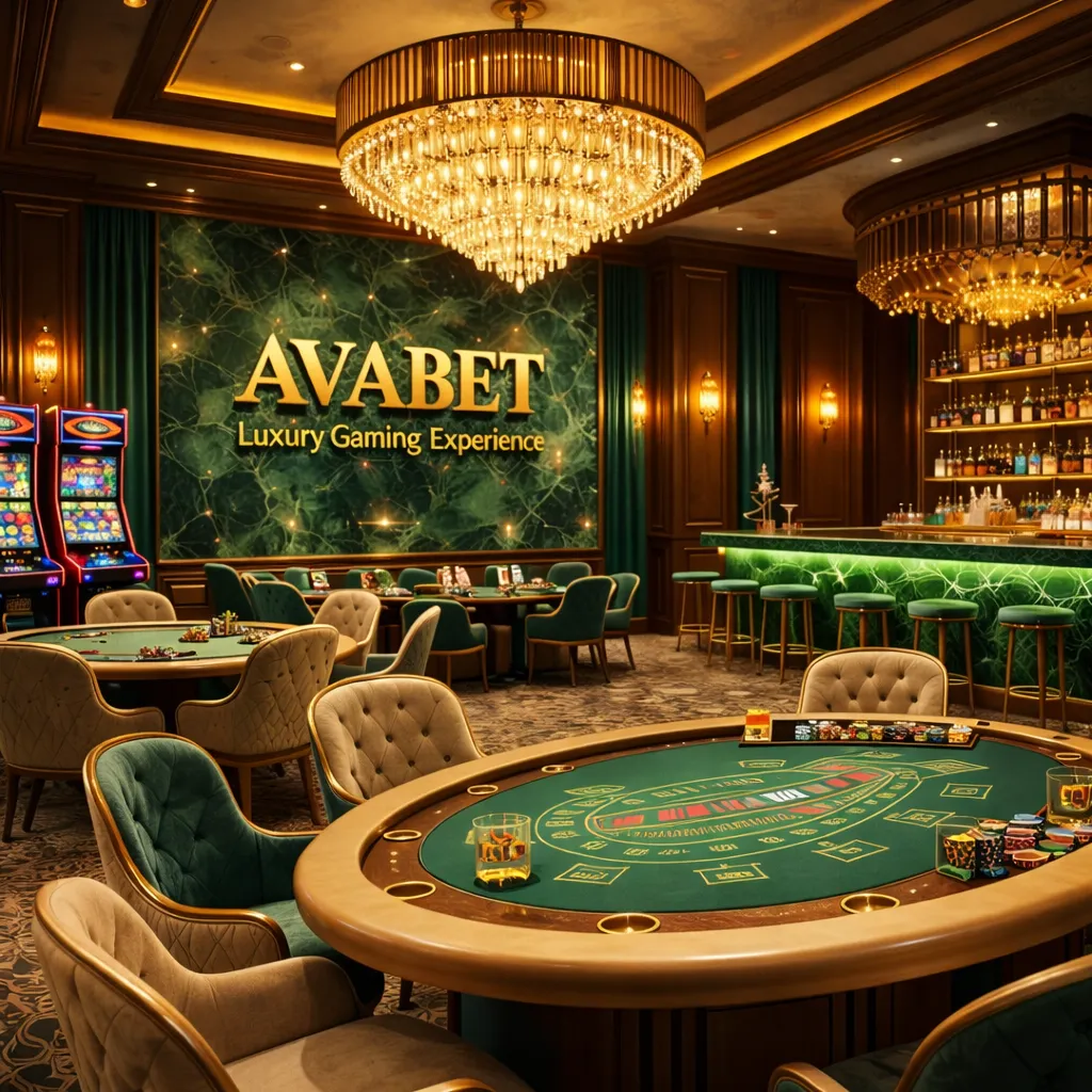 ديكور فاخر لكازينو AVABET مع طاولات قمار وبار وآلات قمار حديثة."